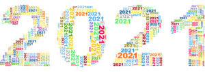 Banner of the number 2021 filled with smaller 2021 in various colors